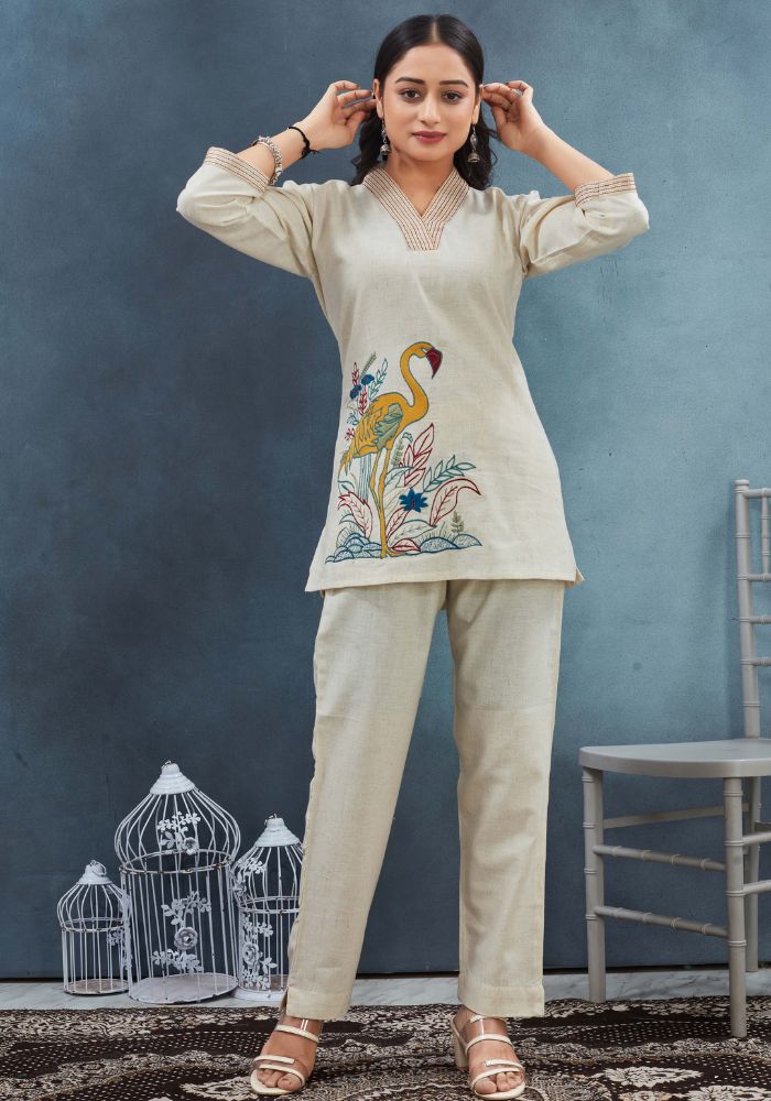 Peach Piper Boho-Inspired Flamingo Embroidered Tunic Set