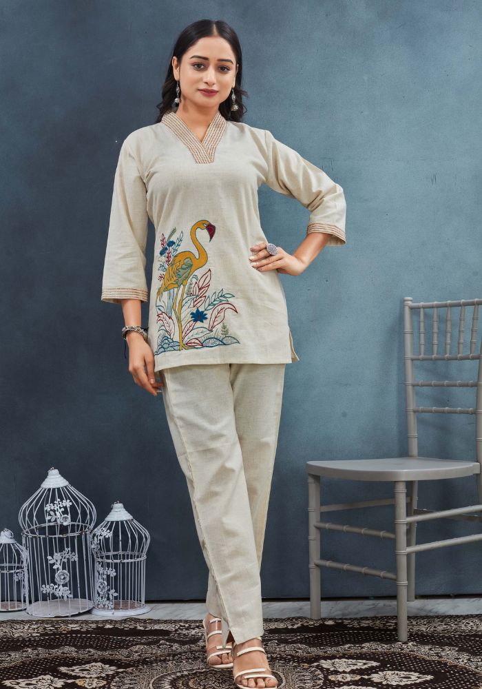 Peach Piper Boho-Inspired Flamingo Embroidered Tunic Set