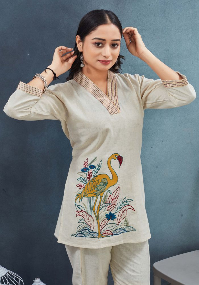 Peach Piper Boho-Inspired Flamingo Embroidered Tunic Set