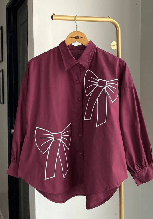 Elegant Bow Embellished Burgundy Shirt – Chic & Stylish Statement Wear