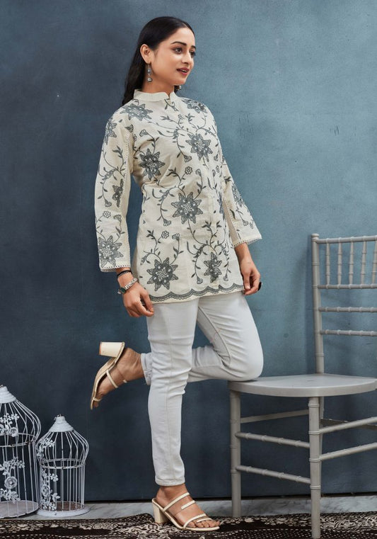 Elegant Floral Embroidered Cotton Tunic - Premium Ethnic Wear
