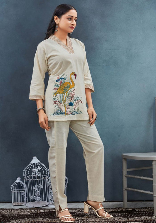 Peach Piper Boho-Inspired Flamingo Embroidered Tunic Set