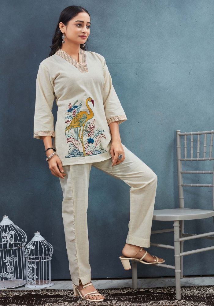 Peach Piper Boho-Inspired Flamingo Embroidered Tunic Set